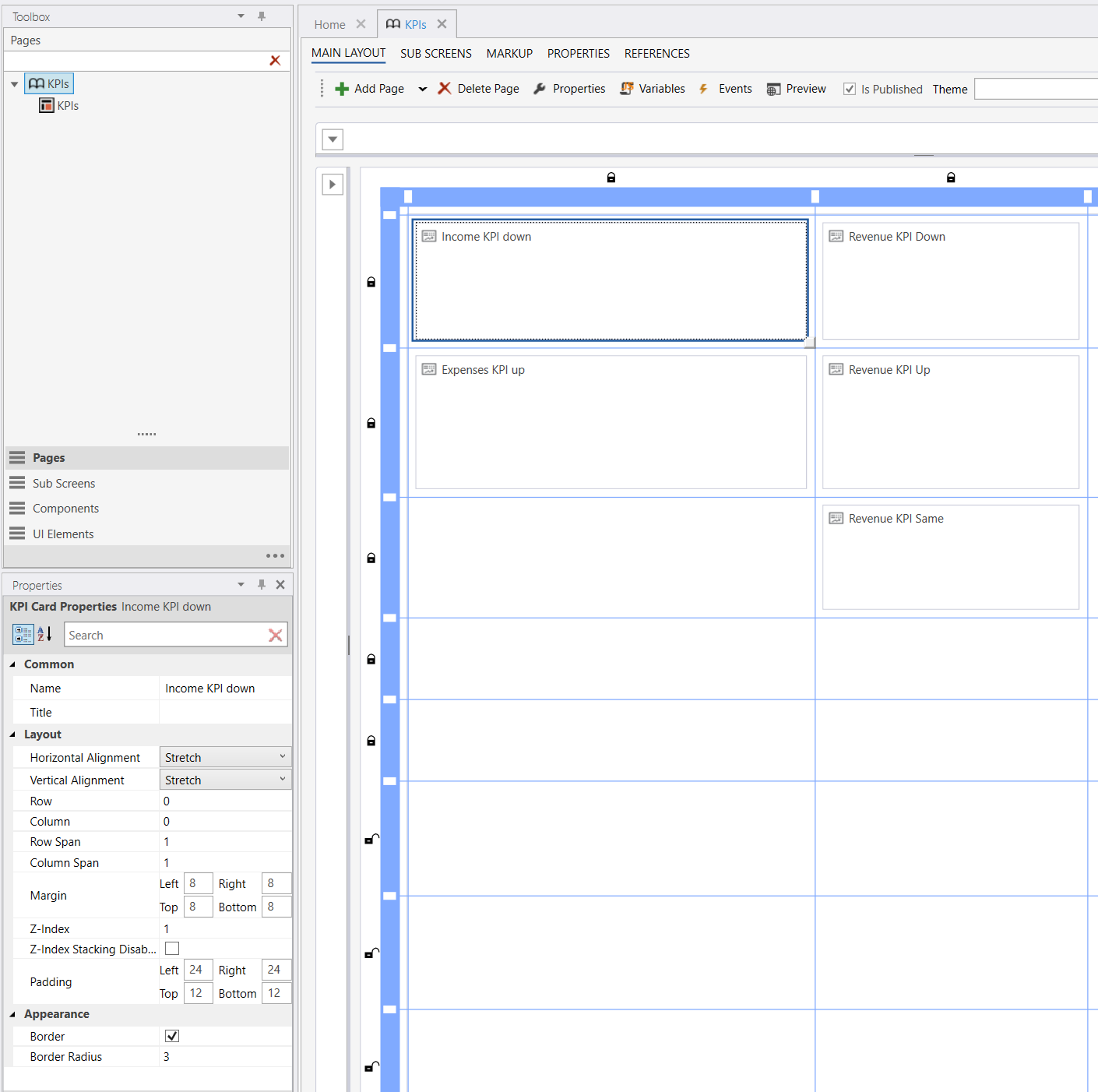 A KPI card placed on a Workbook page in the Designer