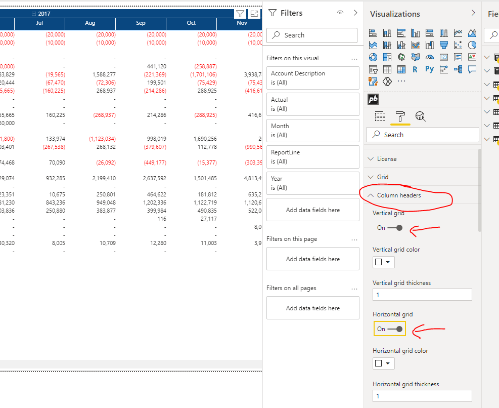 Column header grid lines