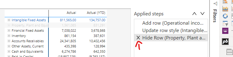 Delete the “Hide Row” step from the Applied steps list to make the row visible again