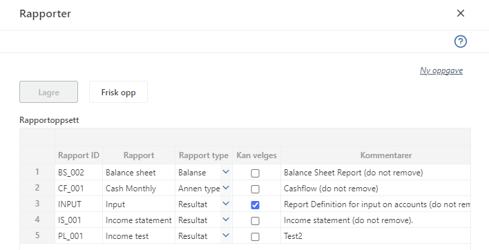 screenshot of report list